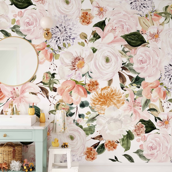 Spring in Blush Mural - KM106 Peel and Stick Wallpaper Mural - Romantic Floral Mural in Peel and Stick or Traditional Pre-pasted Wallpaper