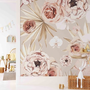 Palma Rose Mural KM125 Boho Neutral and Delicate Peel and Stick Wallpaper Removable Wallpaper Watercolor