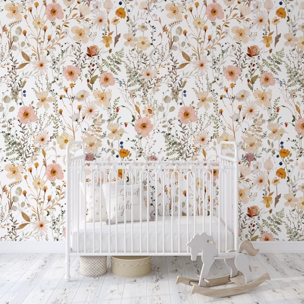 Avery Mural KM278 - Sweet and Delicate Watercolor Large Scale Pressed Floral Wallpaper - Peel and Stick Removable or Traditional