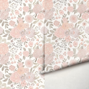 May include: A seamless pattern featuring delicate pink and gray floral illustrations on a white background. The pattern features various types of flowers, including roses, peonies, and smaller blossoms, arranged in a repeating design.