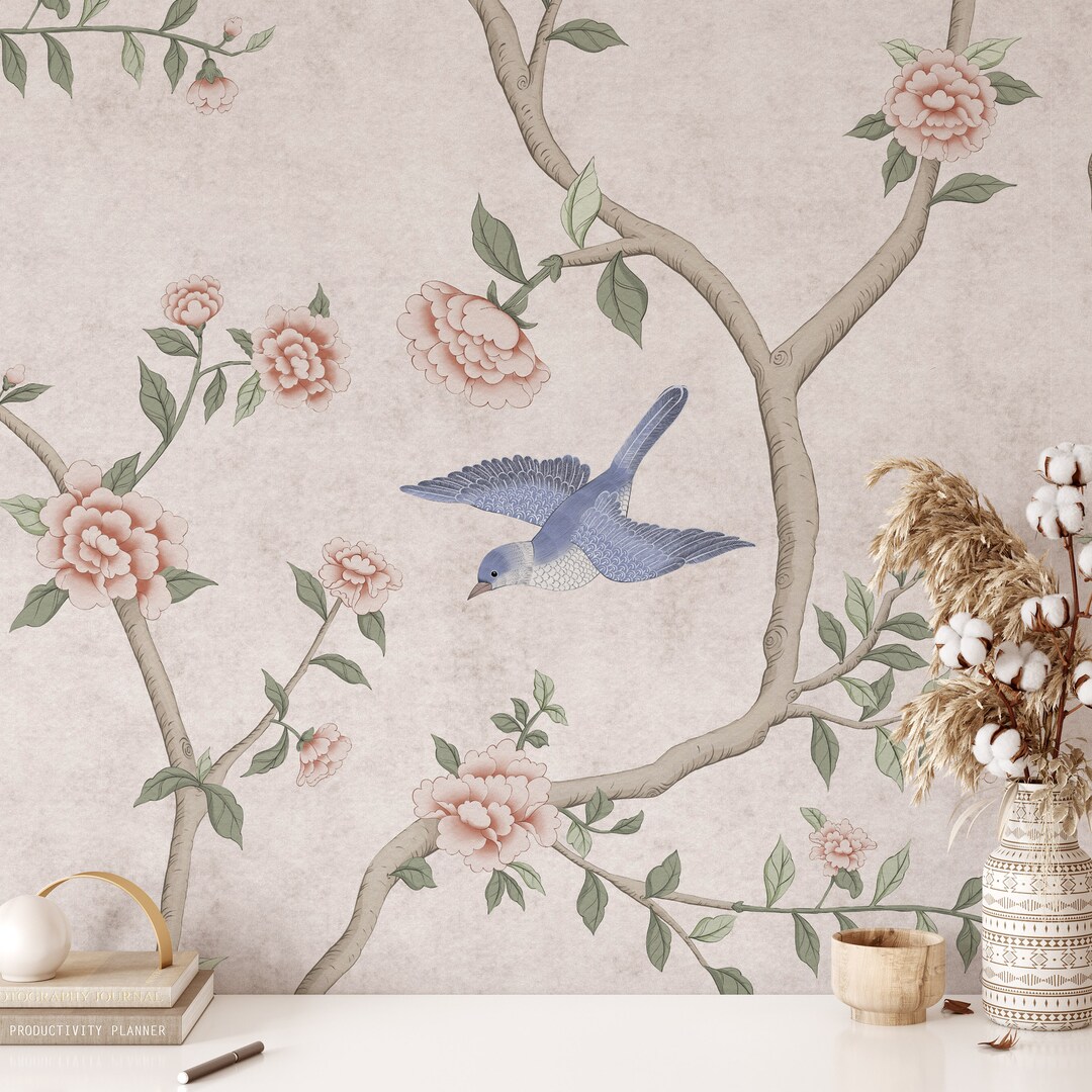 Chinoiserie Mural: Pink Flowers & Birds, Peel and Stick Wallpaper - Etsy
