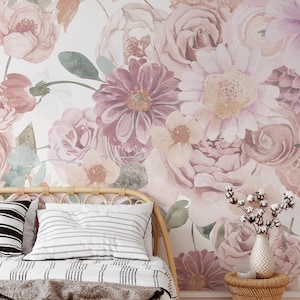 Papel pintado autoadhesivo con diseño floral de acuarela: Mural de peonías y rosas