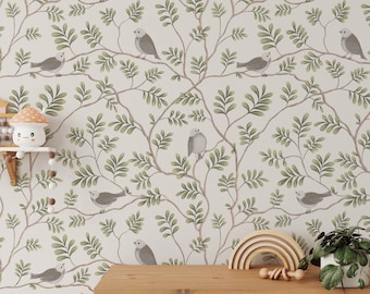 Forest Birds Removable Wallpaper: White Background, Peel and Stick