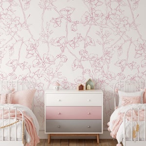 Minimalistic Cherry Blossom Mural KM207 Japanese Sakura Flowers Blooming in Spring Peel and Stick Wallpaper Removable Wallpaper Watercolor image 7