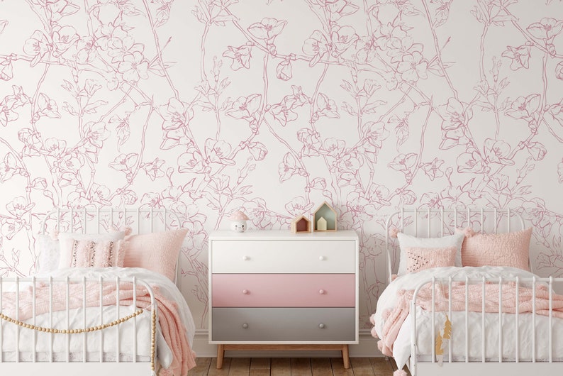 Minimalistic Cherry Blossom Mural KM207 Japanese Sakura Flowers Blooming in Spring Peel and Stick Wallpaper Removable Wallpaper Watercolor image 7