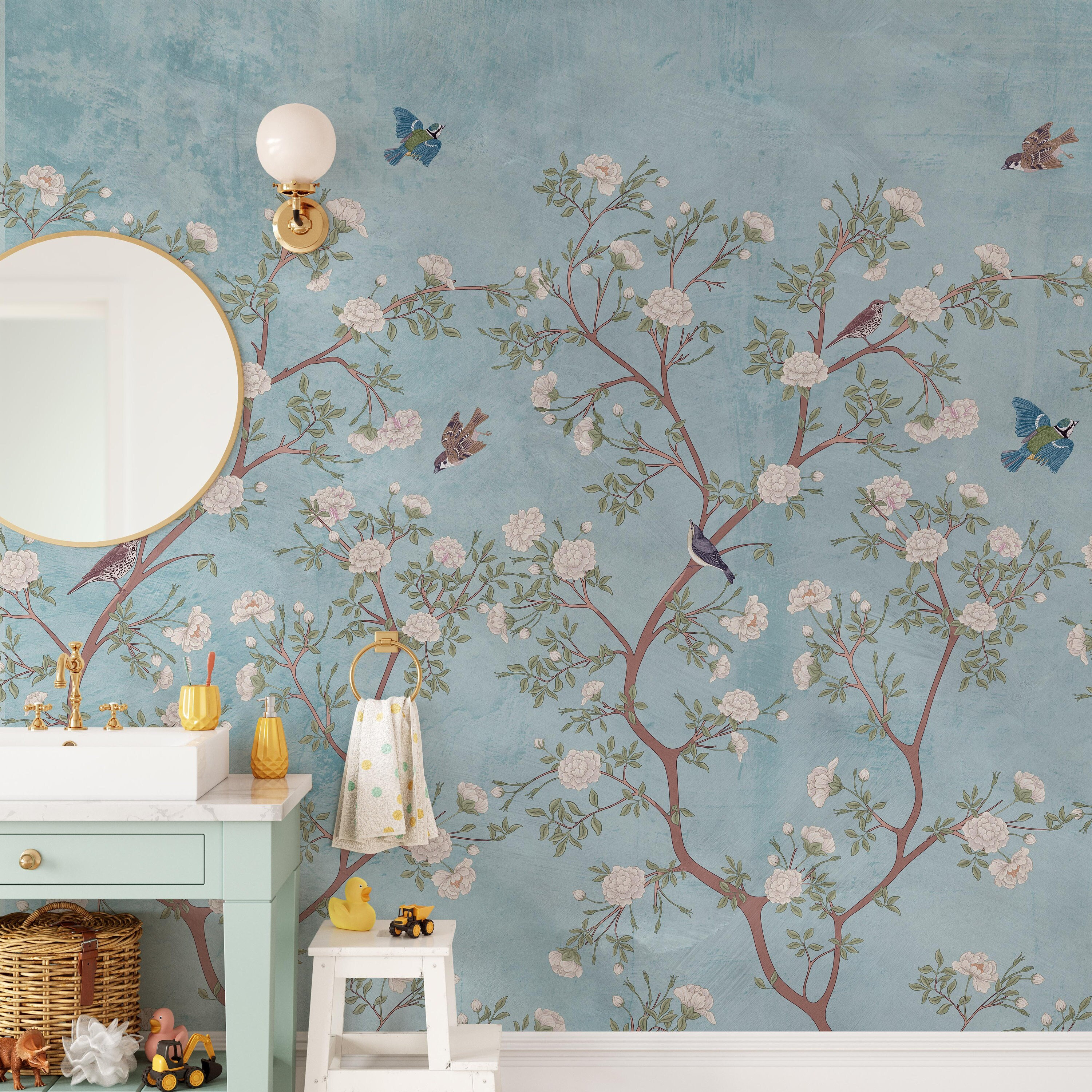 Blue Chinoiserie Floral Mural: Large Scale Nursery Wallpaper (Peel and Stick or Pre-Pasted)