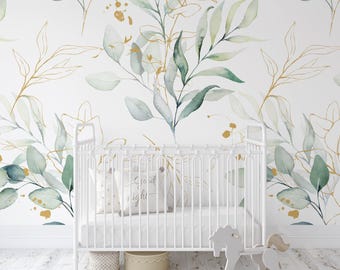 Watercolor Eucalyptus Leaves Peel and Stick Wallpaper: Tropical Foliage