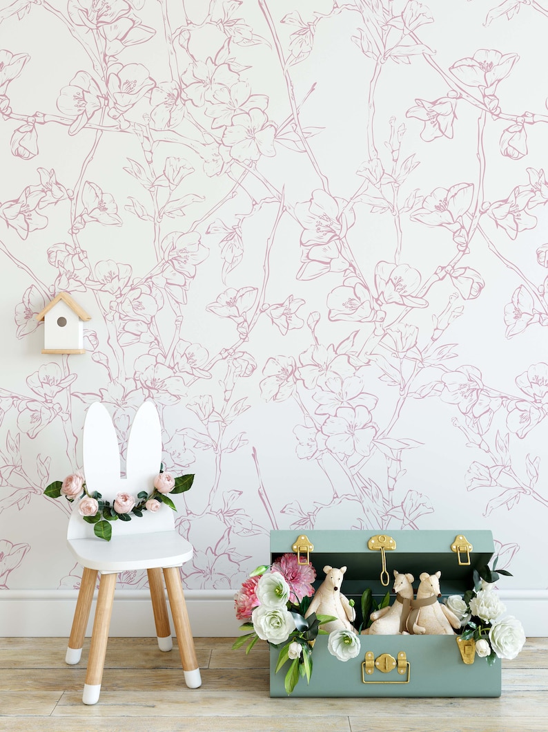 Minimalistic Cherry Blossom Mural KM207 Japanese Sakura Flowers Blooming in Spring Peel and Stick Wallpaper Removable Wallpaper Watercolor image 5