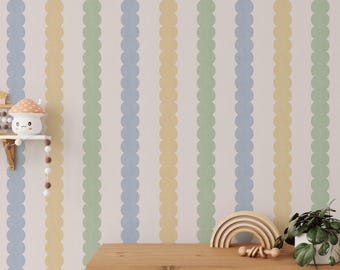 Pebble Column Stripe Wallpaper - Blue, Yellow, Green on Cream - Peel and Stick - Traditional - A429