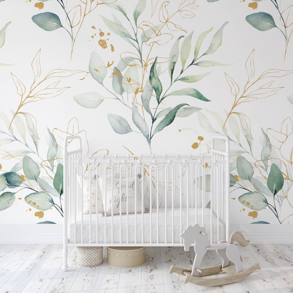 Lenora - Light Watercolor Eucalyptus Leaves Foliage Peel and Stick Removable Wallpaper  KM237 Tropical Light Toned Peel and Stick