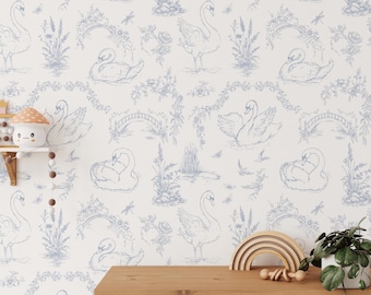 Vintage Swan Toile Wallpaper: Romantic Swan Lake Scene