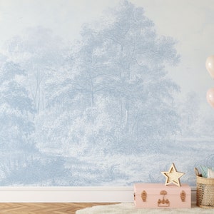 Blue Antique Forest Classic Landscape Mural KM283- Large Scale Boy Nursery Watercolors Woodland Scenic Wallpaper Peel and Stick Removable