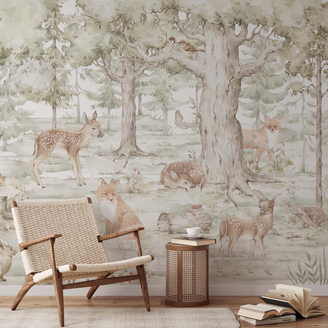 Woodland Animals Nursery Mural: Neutral Watercolor Forest Wallpaper - Etsy