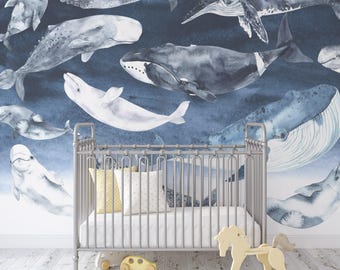 Whale Nursery Mural: Ocean Theme Peel and Stick Wallpaper