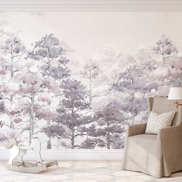 Morning Forest  Mauve KM206 - Large Scale Nursery Watercolors Forest Wallpaper Peel and Stick Removable Repositionable