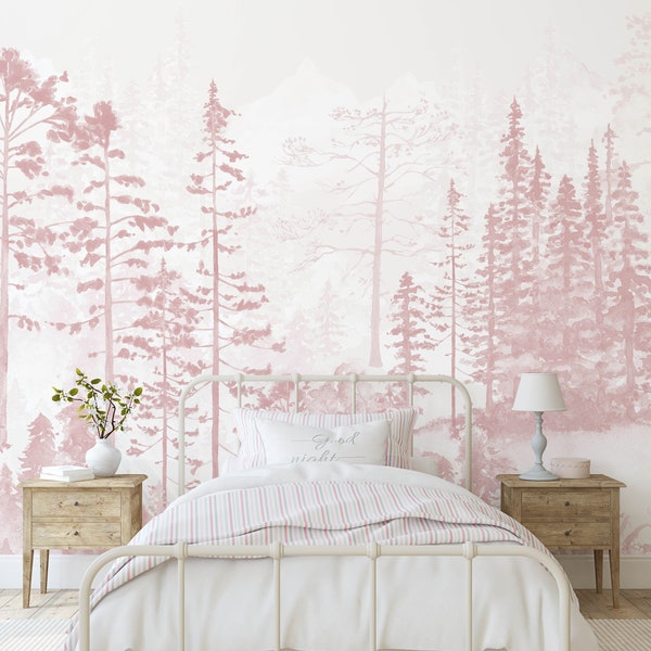 Foggy Pine Tree Forest in Pink Mural KM242 Nursery Watercolors Woodland Scenic Wallpaper Peel and Stick Removable Repositionable