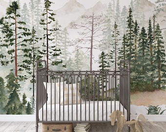 Foggy Pine Tree Forest Mural KM157- Large Scale Boy Nursery Watercolors Woodland Scenic Wallpaper Peel and Stick Removable Repositionable