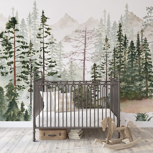 Foggy Pine Tree Forest Mural KM157- Large Scale Boy Nursery Watercolors Woodland Scenic Wallpaper Peel and Stick Removable Repositionable