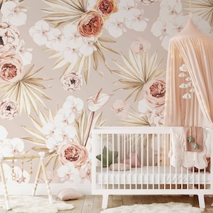 Watercolor Tropical Floral Mural: Boho Baby Room Wallpaper