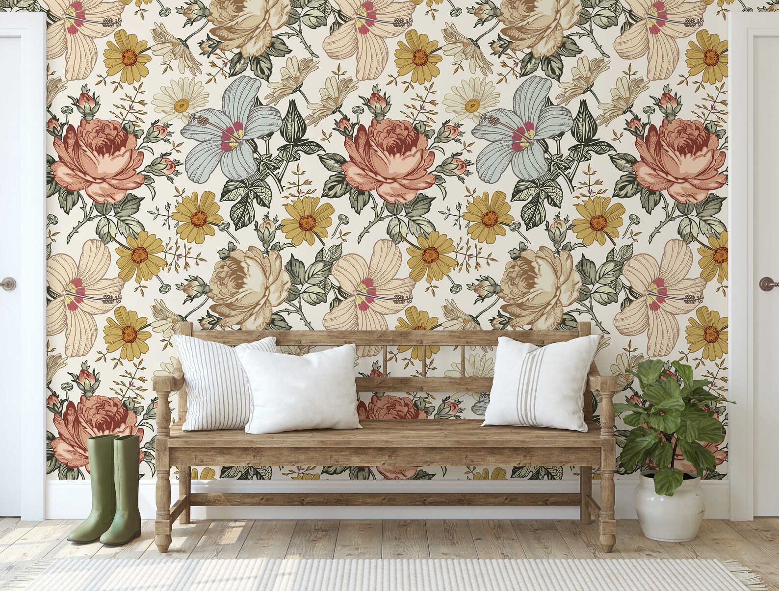 Vintage Floral Mural KM078 Large Scale Wallpaper Floral Peel Etsy