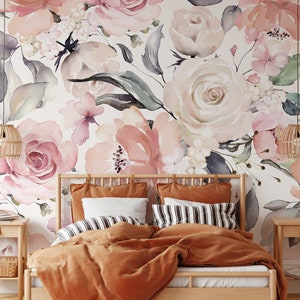 Bouquet in Blush Mural KM077- Large Scale Wallpaper Floral Peel and Stick Removable Repositionable or Traditional Pre-pasted