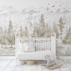 Watercolor Forest Wallpaper Mural: Winter Foggy Landscape, Peel and Stick