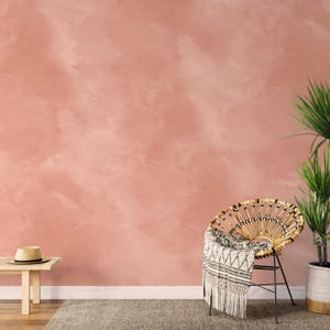 May include: A wall with a dusty rose faux finish, a light wooden bench with a straw hat, a round rattan chair with a black and white patterned throw blanket, and a tall green plant in a textured pot on a gray rug.