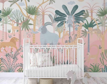 Pink Safari Mural: Jungle Animals Wallpaper for Girl Nursery