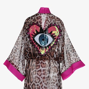 Evil Eye Kimono, Beach Kaftan, Leopard Design Kimono, Cover-up, Sequin Robe, Lounge Dress, Boho Wear, Festival Outfit, Burning Man Costume