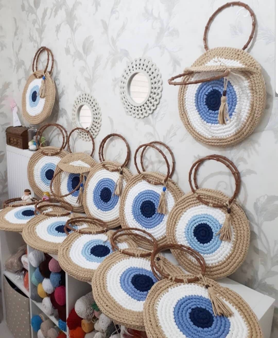 Crocheted Evil Eye Circle Handbag With Bamboo Handle and - Etsy