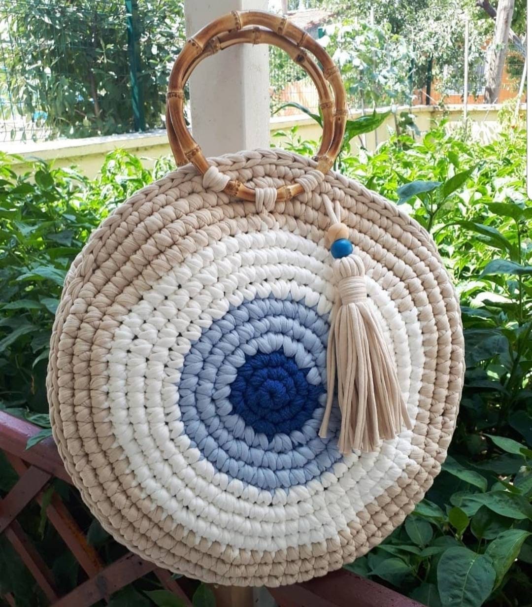 Crocheted Evil Eye Circle Handbag With Bamboo Handle and - Etsy