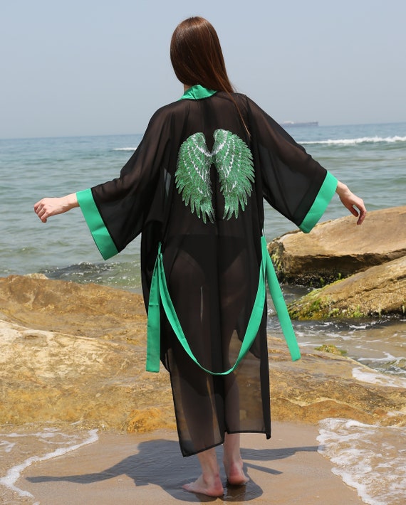 Black Kimono Sequin Angel Wing Robe Beach Kaftan Angel Kimono