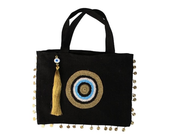 Crochet Cotton Bag with Evil Eye Charm Turquoise Blue Tote Bag Gift Giving