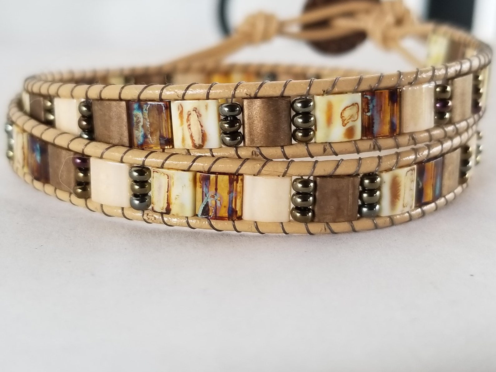 Beaded Leather Bracelet Double Wrap Bracelet Woven Ivory Etsy