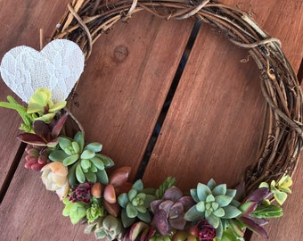 LIVE hanging succulent topped grapevine wreaths with lace heart, Valentine’s Day gift idea, mini succulent wreaths