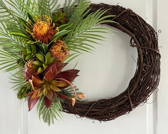 Artificial tropical succulent wreath, front door wreath, succulent wreath, tropical decor, succulent decor, year round wreath