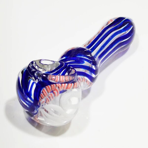 5" Tri-color - Blue-White-Orange Striped With Candy Can Swirl Head Glass Smoking Pipe with Glass Bowl SP629