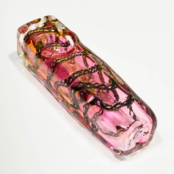 4.5" Pretty Pink Designer Chausar Oblong Stick Dice Shaped With Gold Filling Glass Smoking Pipe with Glass Bowl SP662