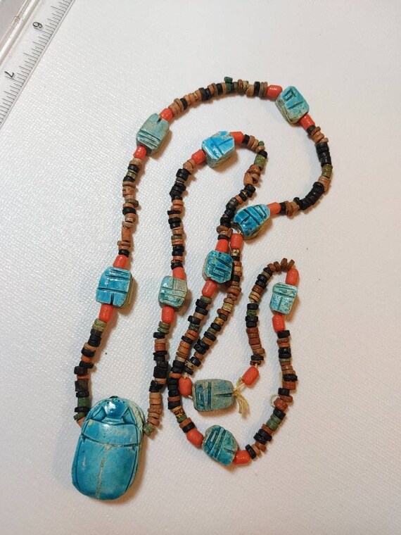 Antique Egyptian Faience & Coral Bead Scarab Neckl