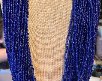 Beautiful Vintage Handmade Long Multistrand Cobalt Blue  Glass Bead Necklace