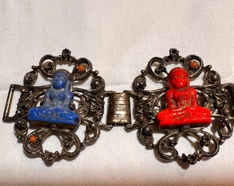 Beautiful Vintage Multicolor Glass Buddha  Link Bracelet Silver Red Blue Yellow Black Unsigned Selro