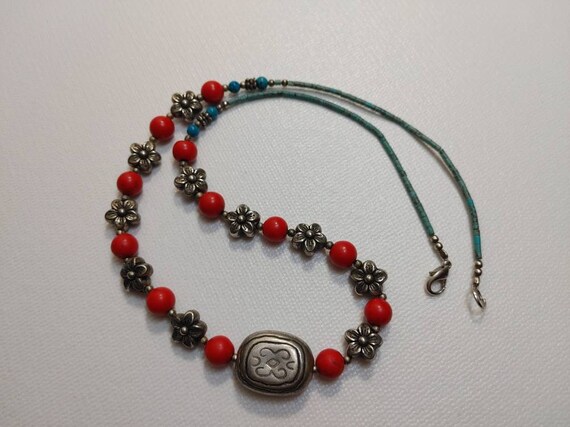 Vintage Native American Silver Bead Red Stone Turquoise Necklace