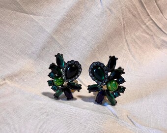 Large Beautiful Vintage Green Blue Black AB Designer Clip On Earrings