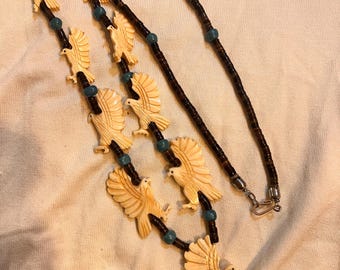 Vintage Heishi Turquoise Shell Bald Eagle Bone Fetish Necklace