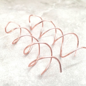 May include: Two rose gold wire hair clips, each with a spiral design. The clips are arranged in a criss-cross pattern.
