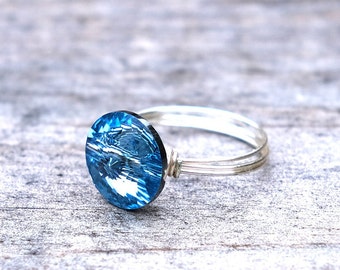 Aquamarine ring. Swarovski crystal ring. Minimalist ring. Every day ring. March birthday gift. Simple ring. Birthstone ring. Bling Ring her