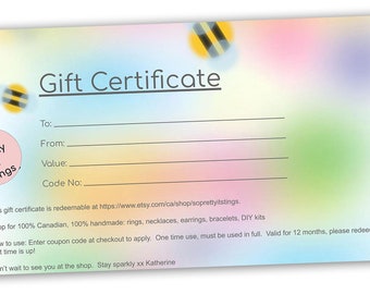 Gift Certificate for soprettyitstings Etsy Shop | Last Minute  Gift | E Gift Card | Perfect for the undecided | Printable e-Gift | E-Gift