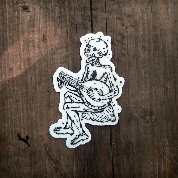 Medieval engraving sticker - Skeleton lute - Black and white