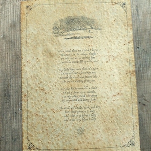 Può includere: Una pagina di carta antica e invecchiata con una poesia su una foresta oscura e profonda. La poesia recita: «So dove si trovano questi boschi. La sua casa è nel villaggio, anche se; Non mi vedrà fermarmi qui per guardare i suoi boschi riempirsi di neve. Il mio piccolo cavallo deve pensare che sia strano fermarsi senza una fattoria nelle vicinanze Tra i boschi e il lago ghiacciato La sera più buia dell'anno. Scuote le campanelle del suo finimondo per chiedere se c'è qualche errore. L'unico altro suono che sento è la spazzatura del vento di neve e dei fiocchi leggeri. I boschi sono incantevoli, oscuri e profondi, ma ho promesse da mantenere, e chilometri da percorrere prima di dormire, e chilometri da percorrere prima di dormire».