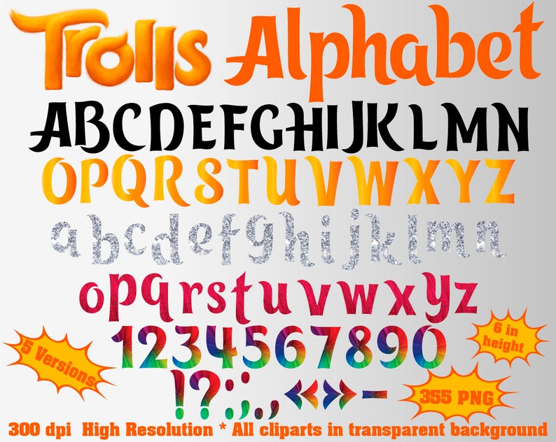 trolls full alphabet numbers and symbols 355 png 300 dpi etsy